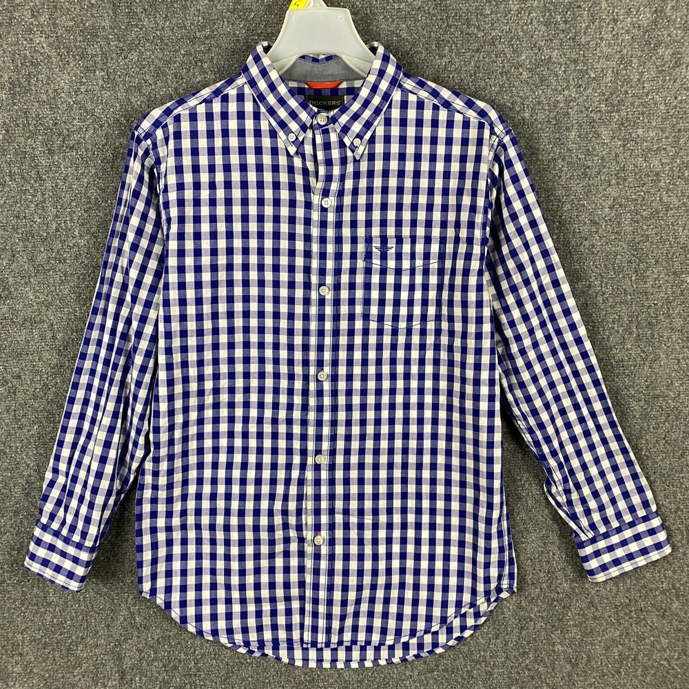 Dockers Button Down Shirt XL 18 Yrs Boys‎ Long Sleeve Plaid Blue Cotton Blend